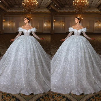 Sparkly Off Shoulder vestuvinės suknelės Princess Sequined Shiny Bridal Gowns Custom Made فستين زفاف عاليه الجوده