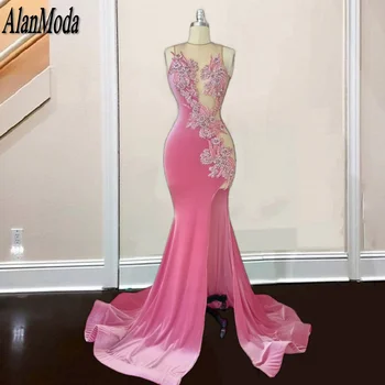 Elegantiškos aksominės prom suknelės ilgu kaklu Rhinestone Vestidos De Gala 2023 Sexy See Through Mermaid Party suknelė Vakarinė apranga