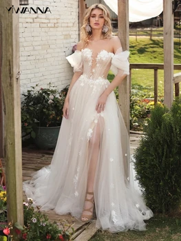 Grakšti nuo peties vestuvinė suknelė Klasikinė 3D gėlių aplikacija Nuotakos suknelė Balta A linijos ilgas nuotakos chalatas Vestidos De Novia