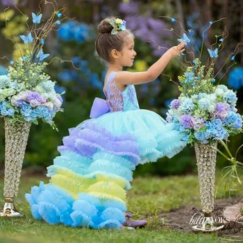 Vaivorykštės tiulio pūstų gėlių mergaitės suknelė Aplikacija sluoksniuota be rankovių su lanku vestuvių gimtadienio vakarėliui Pirmosios Komunijos baliniai chalatai