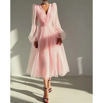 Elegantiška moteriška suknelė ilgomis rankovėmis Rožinis tiulis giliai V kaklas Aukštas juosmuo Kulkšnies ilgis moteriai Vestuvių vakarėlis Svečių suknelė 2022
