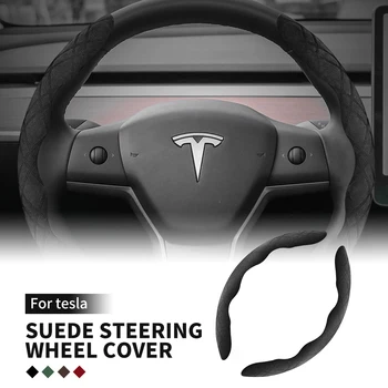 Viršutinis zomšinio automobilio vairo dangtis Tesla Model 3 Model Y 2017-2023 neslystantiems vairo apsauginių rankovių priedams