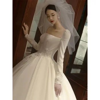 Nuotakos suknelės iškilminga vestuvinė suknelė ilgomis rankovėmis Satin balta maxi oficiali proga Plius dydis elegantiškas L049