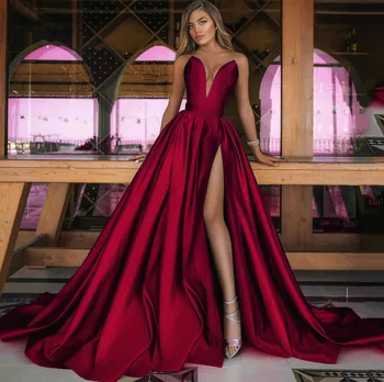 Elegantiška moteriška Maxi vestuvių vakarėlio suknelė be petnešėlių Gilus V formos kaklas Raudonos oficialios progos suknelės Seksualios aukšto padalijimo kokteilio vakarinis chalatas