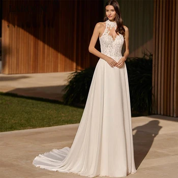 TIXLEAR Elegantiškos A-Line vestuvinės suknelės aukštu kaklu Nėrinių aplikacijos Be nugaros grindų ilgis Teismo traukinys Šifono nuotakos chalatai Vestidos