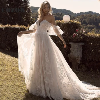 Off Shoulder Sweetheart Wedding Dress Appliques Lace Aequined Tulle Backless Floor-Length Bridal Gown De Mariée Custom Y82W