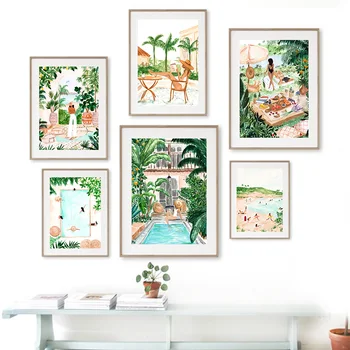 Pritaikomas paplūdimio baseinas Maroko atogrąžų džiunglių sūpynės pievos sienų tapybos plakatas ir spausdintas paveikslėlis gyvenamajam namui