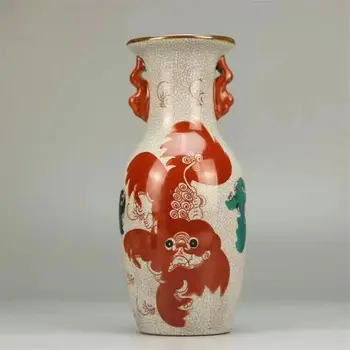 Senoji kinų Čingų dinastija QianLong Raudonojo liūto modelio vaza 24,5cm