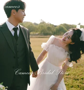SONDR Korėjietiška trumpomis rankovėmis dramblio kaulo vestuvinė suknelė kvadratinis kaklas Pagal užsakymą pagaminta oficiali nuotakos suknelė 웨딩드레스 Organza vestuvinė suknelė Vestuvinė suknelė