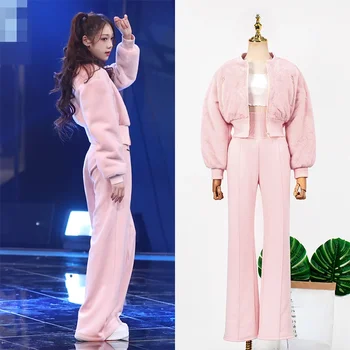 Kpop Korea Autumn Warm Sweet Pink Cashmere Zipper Jackets White Knit Camisole Liemenė+Laisva aukšta juosmens tiesi kelnės Moteriški komplektai