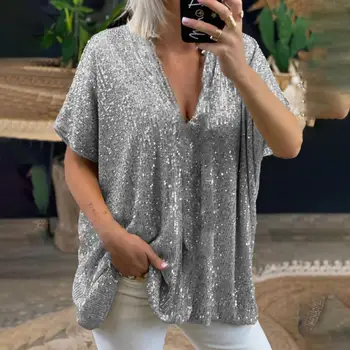 Shiny Lady Pullover Blizganti oda draugiški moteriški blizgantys V kaklo marškinėliai