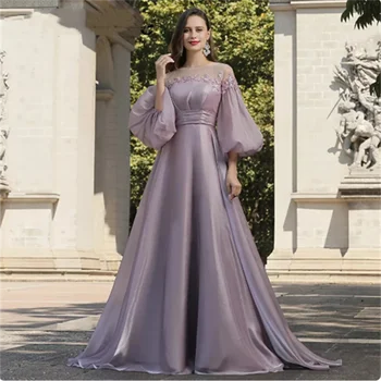 QingHaiZhiBin Elegant O Neck Long Evening Dress 2024 Custom Made With Puffy Sleeves A Line Lace Soft Satin Prom Party Gown