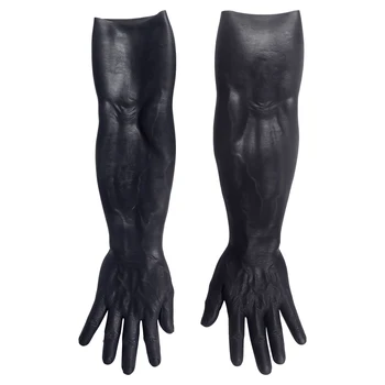 Pritaikytos tamsios odos atspalvio netikros rankų pirštinės su raumenų rankomis tikroviškos Helovino mačo vyriškos netikros silikoninės rankų rankovės žmogui