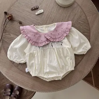 2023 Rudens naujagimių mergaičių drabužiai Kūdikių gėlių siuvinėjimas Smėlinukas Medvilninis kombinezonas ilgomis rankovėmis Mažylis Mergaitė Atsitiktiniai
