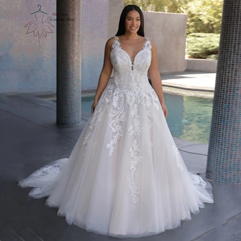 Klasikinės V kaklo vestuvinės suknelės plius dydis be rankovių A-Line nuotakos chalatai Aplikacijos šlavimo traukinys Tiulio iliuzija Vestido De Novia