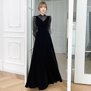 Black Velvet vakarinė suknelė Nėriniai ilgomis rankovėmis Tiulis Patchwork Plona ilga suknelė plius dydis Moteriška oficiali vakarėlio suknelė