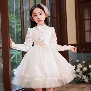 Nauja rudens ir žiemos vaikų vestuvinė suknelė ilgomis rankovėmis Mergaičių satino audinys Paprastas pasirodymas Šeimininkas Gimtadienis Pengpeng Prince