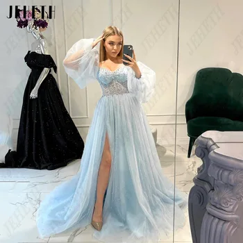 JEHETH Modern Blue Evening Dresses Puff Sleeves Beading Tulle A-Line Prom Dress Side Split Sweetheart فساتين سهره فاخره 2023