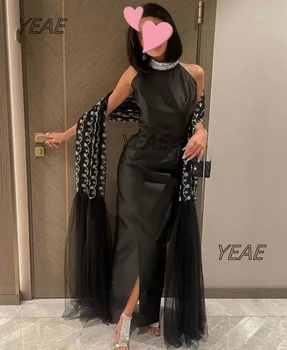 Santorini Black Side Plyšys Prom suknelės Berankovės aukštos apykaklės karoliukais Wraps Vestidos De Gala Užtrauktukas Atgal Vakarinis vakarėlis Moterys dėvi