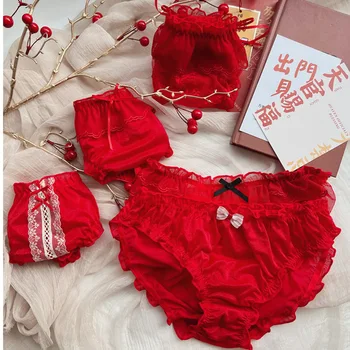 Red Bow Wave Point Perspective Moteriški apatiniai drabužiai Seksualūs nėriniai Vidurio juosmens mergina Lolita Naujos moteriškos grybelio krašto kelnaitės Loli Mini