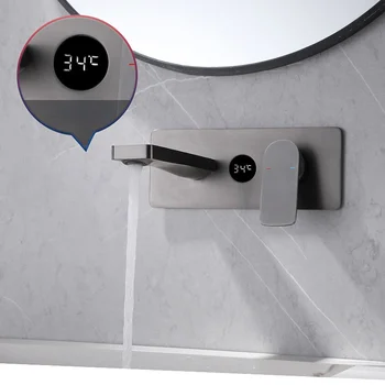 Pilka žalvarinė vonios kambario maišytuvė Paslėptas išmanusis skaitmeninis ekranas Dizainas Viena rankena 2 skylių šaltas ir karštas Dvigubo valdymo baseino maišytuvas