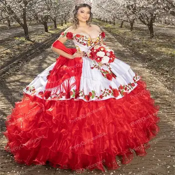 Metalinės sagos Meksikietiškos kaubojės rauktas pūstas sijonas Quinceanera suknelės raudonos ir baltos nuo pečių siuvinėjimo gėlių rutulio suknelė
