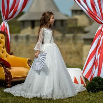Nėrinių aplikacija Be rankovių gėlių mergaitės suknelės Pageant Princesės lanko dekoravimas Vaikai Pirmoji Šventoji Komunija