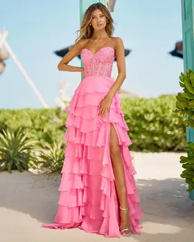 Sexy Pink Strapless Chiffon Marginta suknelė be rankovių Sluoksniuota vakarinė suknelė Arabų moterų oficiali proga Suknelė 2024CL-576