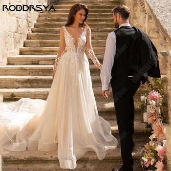 RODDRSY Išskirtinė vestuvinė suknelė ilgomis rankovėmis Kaušelis Nuotakos chalatai be nugaros Lengvas šampanas A-Line Applique vestido de noiva 2024