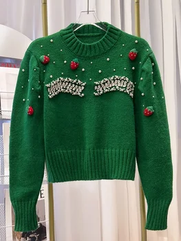Pavasario rudens karoliukai Trumpas megztinis Moteriškos Kalėdos Saldūs braškių siuvinėjimai Megztas megztinis Trumpas Džemperis Tops