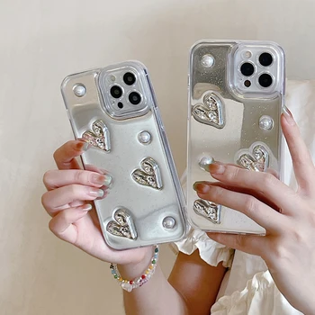 Retro Shining Pearl Love Heart telefono dėklas, skirtas iPhone 14 13 12 11 Pro 14Plus Itin plonas blizgantis 3D epoksidinis veidrodis minkštas galinis dangtelis