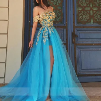 Meetlove Nuo peties Auksinių nėrinių aplikacija Mėlyna Tiulio vakarinė suknelė Seksuali priekinis plyšys Elegantiška prom suknelė