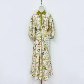 Fyion vasarinė ilga suknelė Moterys V-Neck žibinto rankovės Lino atspaudas Vintažinės elastinės juosmens suknelės moterims 2023 m. Kilimo ir tūpimo takas