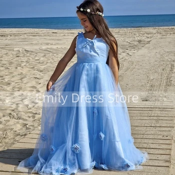 2024 Mėlynos gėlės mergaitės suknelės vestuvėms Tiulio aplikacija Be rankovių grindų ilgis Vaikų gimtadienis Oficialūs kamuoliniai chalatai Vakarėlio suknelė
