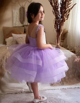 Glitter Lilac Tulle Special Occasion Chalatai vaikams Tutu gėlių mergaičių suknelės vestuvėms Princesė Pageant gimtadienio suknelė