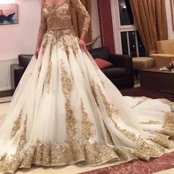 ANGELSBRIDEP Indijos Muslinas vestuvinės suknelės ilgomis rankovėmis Balto aukso aplikacija Gilus V-kaklas Nuotakos chalatai Vestido De Novia Pagaminta pagal užsakymą