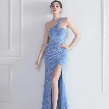 Elegantiška vakarinė suknelė moterims 2024 Seksualios vieno peties undinės prom chalatai Prabangūs blizgantys berankoviai Vestidos De Fiesta