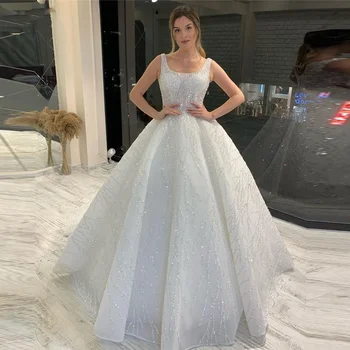 Glitter A Line vestuvinės suknelės 2024 Moterims Blizgios kvadratinės apykaklės Be rankovių Dubajaus blizgučiai Nuotakos chalatai Arabiškas chalatas De Mariée