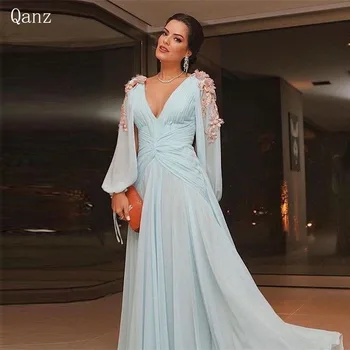 Qazn Elegantiškos šifono vakarinės suknelės Deep V Neck Flowers Vestido De Formatra Long A Line Puff Sleeves Oficialios progos suknelės