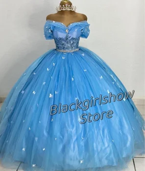 Mėlyna 15 Quinceanera suknelės 2024 Puošnus apvalkalas Princesės blizgučiai Drugelis Aplikacijos krūtinė Brangakmenis Pagražinta vestuvinė suknelė