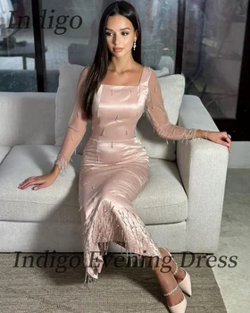 Indigo Rose Gold Satin vakarinės suknelės Kvadratinis kaklas Kulkšnies ilgio karoliukais puošiančios moterys Oficiali proga Suknelė 2024 vestidos de gala mujer