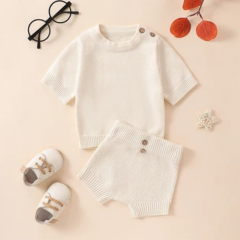 Baby 2 dalių apranga Vienspalvis megztinis Marškiniai trumpomis rankovėmis ir elastiniai šortai Komplektas Mieli vasariniai drabužiai