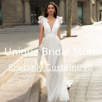 Klasikinės puošnios A-Line Tiulio vestuvinės suknelės V-Neck Backless Sweep train Zipper Bow Bridal Bride Gown Gown