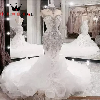 Išskirtinės karoliukų kristalų vestuvinės suknelės 2023 m Undinės raukiniai Traukinys Vestidos De Novia Custom L33W