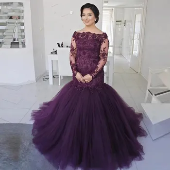 Elegantiška ilgomis rankovėmis Violetiniai karoliukai Nėriniai Tiulis Undinėlė Vakarinė suknelė 2021 Vakarėlis Prom suknelė Oficiali suknelė chalatas de soiree