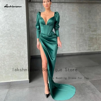 Vestidos elegantiškos tamsiai žalios satino vakarinės suknelės ilgomis rankovėmis 2024 m. 