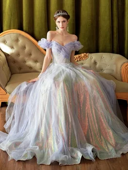 Lina Luxury Prom suknelė 2023 A linijos spalvoti violetiniai putojantys blizgučiai nuo peties Tiulis Plisuotas gimtadienio vakarėlis Vakarinė suknelė