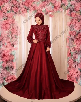 Burgundijos šifono aplikacijos Musulmonų vakarinė suknelė ilgomis rankovėmis Islamo prom oficiali vakarėlio suknelė Arabų Dubajaus moterų chalatai De Soirée
