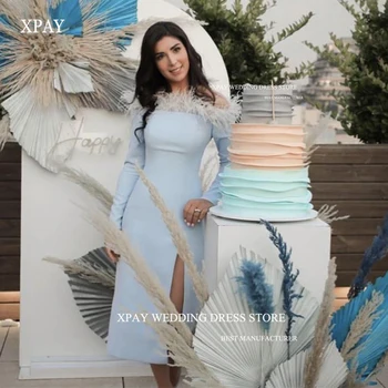 XPAY Šviesiai mėlynos plunksnos Vakarinės suknelės nuo peties ilgomis rankovėmis Padalinta Arbatos ilgis Arabų moterys Prom chalatai Oficialus vakarėlis