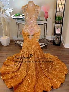 Prabangios blizgančios auksinės undinės Prom suknelės juodaodėms mergaitėms Blizganti gimtadienio suknelė Apvalus kaklas Berankovės Vestidos De Fiesta 2023